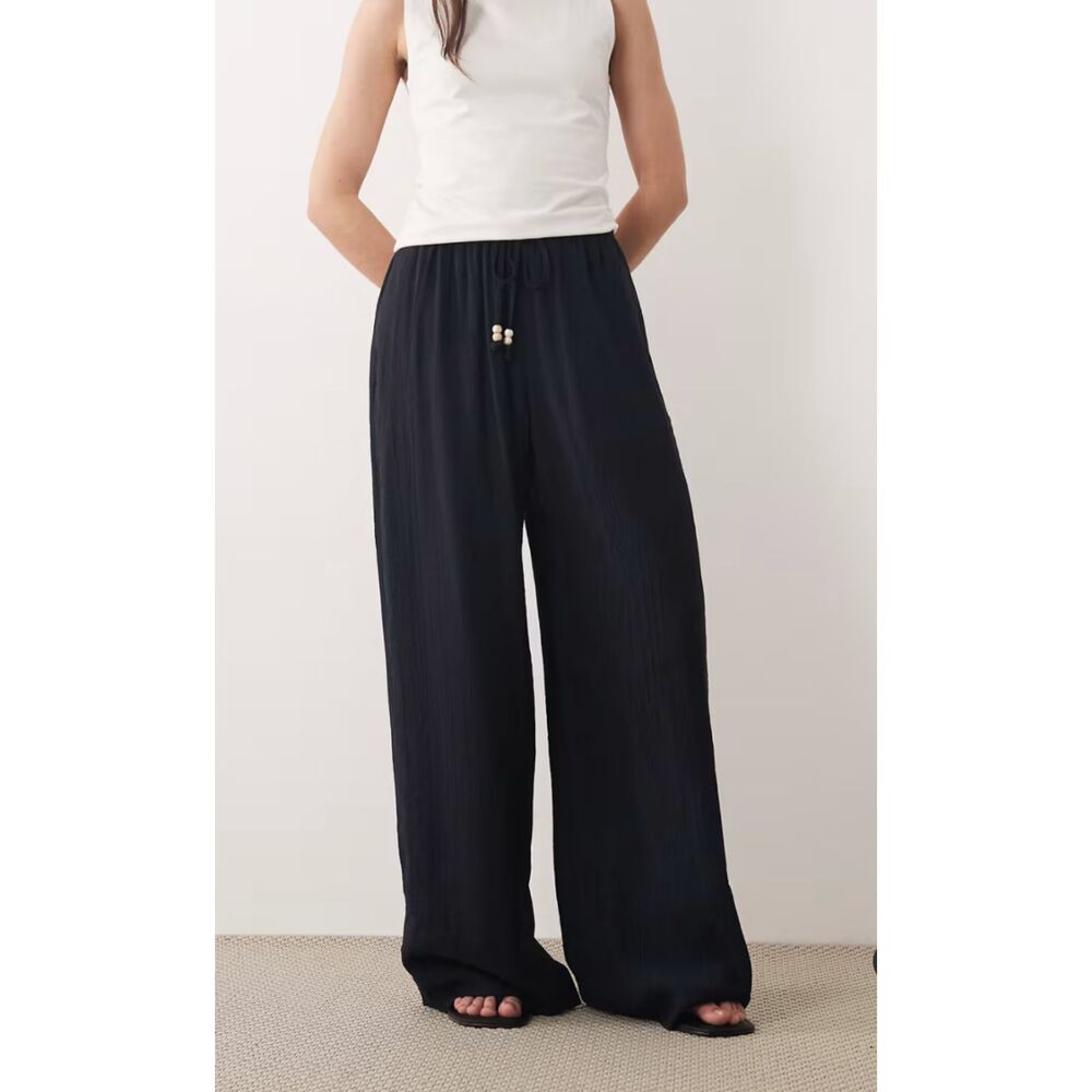 ABERCROMBIE & FITCH Crinkle Textured Black Pull-On Wide Leg Pants Womens XS